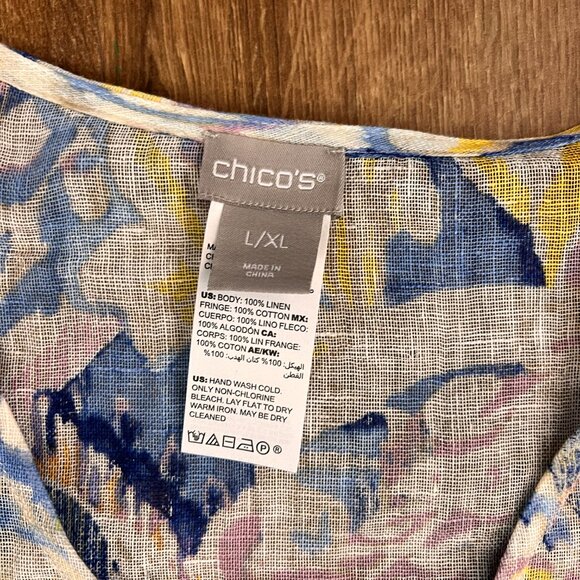 Chicos Linen Weave Poncho Cape Watercolor Paisley Crochet Fringe L/XL - Picture 8 of 13